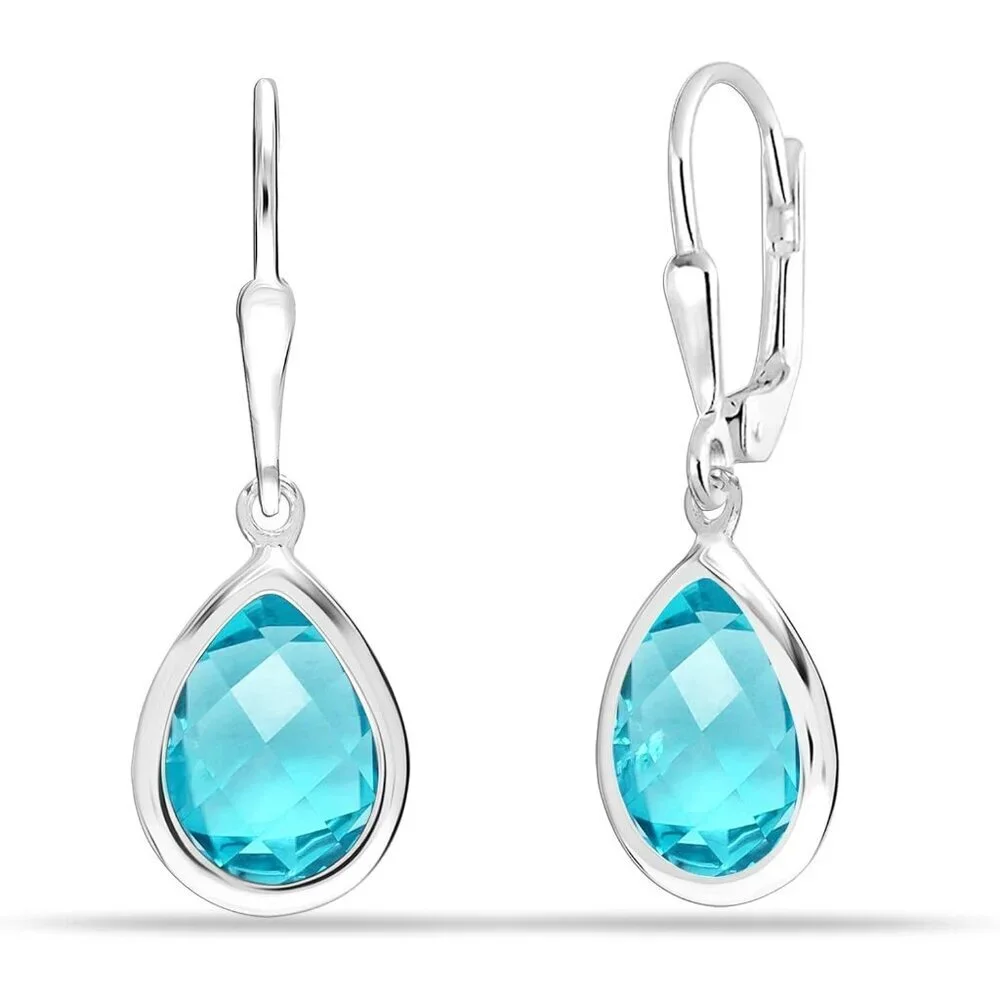 Women's Sterling Silver Drop Created Birthstone Leverback Light Blue Earring - Picture 1 of 6